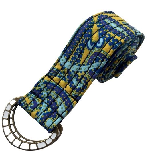J. Crew Women’s Size S/M Blue, Yellow, Paisley Quilted Fabric Enamel Buckle Belt - Picture 1 of 9